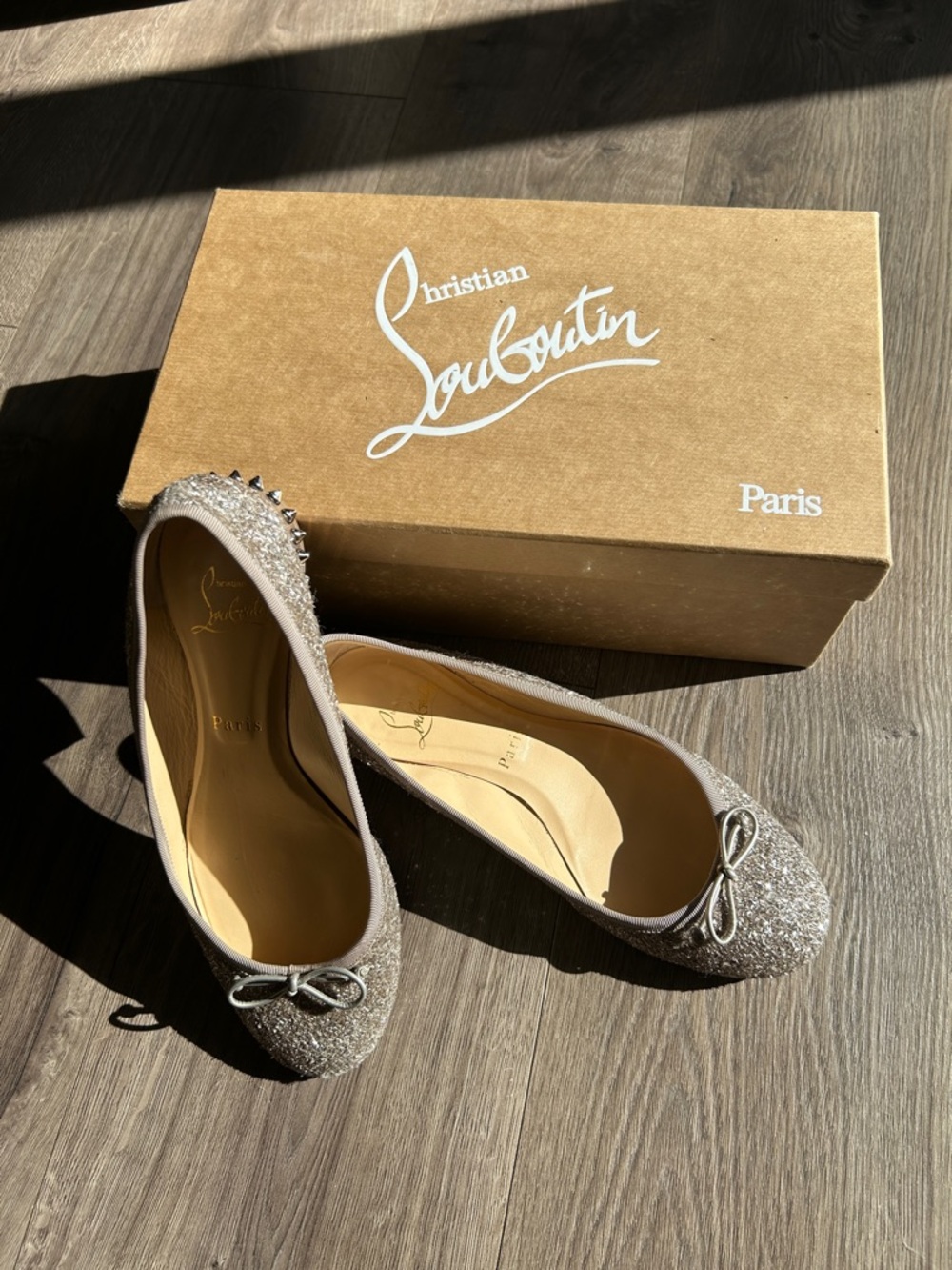 Christian Louboutin La Massine Silver Glitter Bow & Spike Ballet Flats size 37